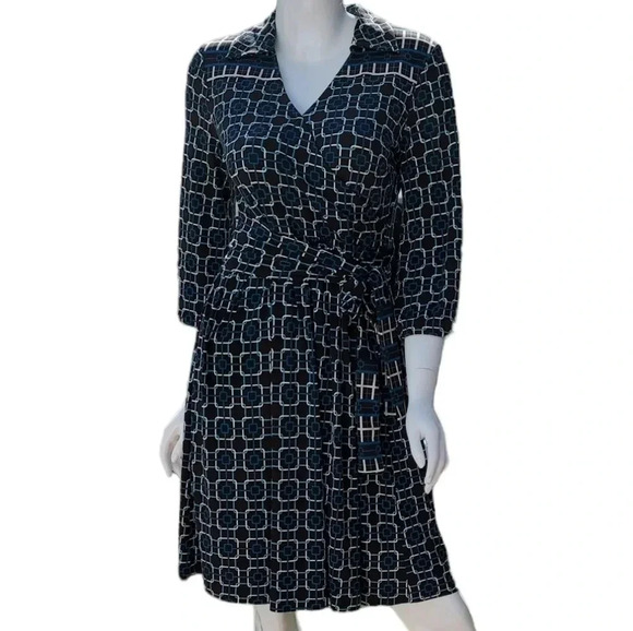 Talbots Petites Geometric Belted Dress Size 4 Blue/ Brown/ White/Turqouise - Picture 1 of 12